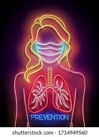 Glow Female Silhouette with Healthy Lungs and Face Mask Protective. Pandemic Concept of Prevention of Contamination. Template for Neon Poster, Flyer, Banner. Vector 3d Illustration. Glossy Background