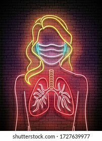 Glow Female Silhouette with Healthy Lungs and Face Mask Protective. Pandemic Concept of Prevention of Contamination. Template for Neon Poster, Flyer, Banner. Vector 3d Illustration. Brick Wall