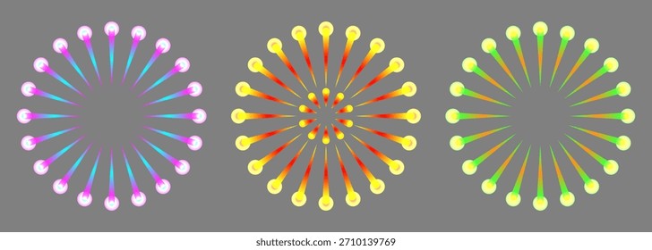 Glow Firework radial burst set with colorful neon spokes – vibrant decorative circular vector elements for festive design
