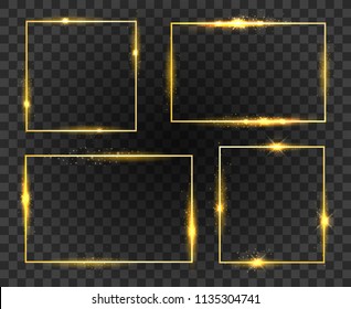 Glow frames. Golden shiny frame set isolated on transparent background, gold fashion glowing square borders with magic sparkles