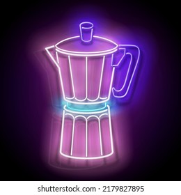 Glow Geyser Coffee Maker. Cafe Label, Morning Drink. Neon Poster, Flyer, Banner, Invitation. Glossy Background. Vector 3d Illustration