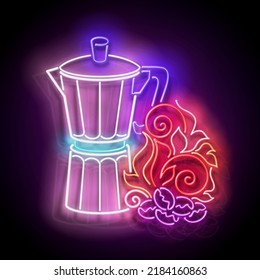 Glow Geyser Coffee Maker and Roasted on Fire Coffee Beans. Cafe Label, Morning Drink. Neon Poster, Flyer, Banner, Invitation. Glossy Background. Vector 3d Illustration