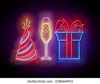 Glow Gift Box with Beautiful Bow, Champagne and Holiday Hat. Happy Birthday Greeting Card. Shiny Neon Light Template for Poster, Banner, Invitation. Glossy Background. Vector 3d Illustration