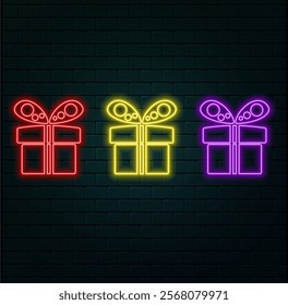 Glow Gift Box with Beautiful Bow. Sale Flyer, Happy Birthday Greeting Card. Shiny Neon Light Template for Poster, Banner, Invitation. Glossy Background. Vector 3d Illustration.