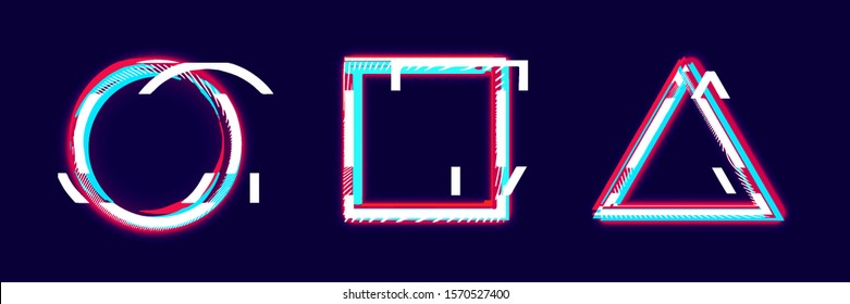 Glow glitch set different form: circle, square and triangle, Distorted empty frames with empty space and glitch effect. Vector abstract banner template.