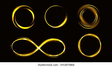 Glow gold infinity symbol and circles with sparkles, golden frames, shiny borders with glitter or fairy dust, glowing rings, isolated fantasy design elements, Realistic 3d vector illustration, set