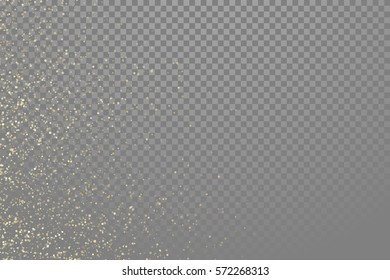 Partículas doradas brillantes y destellos de polvo estrella sobre fondo transparente vectorial.