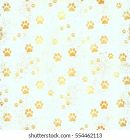 Glow gold Paw print seamless pattern. Seamless pattern of animal gold footprints. Dog paw print seamless pattern on gold background