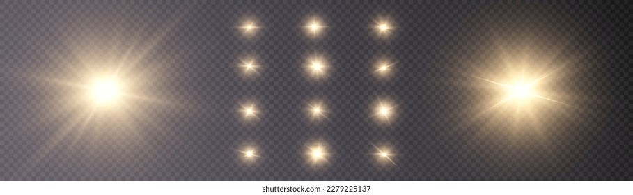 Glow of gold stars of light on a transparent background. Blurred light vector collection. Flash, sun, flicker.	
