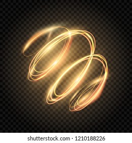 Glow gold swirl. Shiny spiral lines effect. Light golden twirl. Glowing glitter trail. Fire spiral trace. Light painting. Vector illustration.