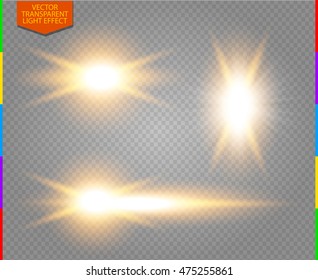 Glow golden light set on transparent background. Blur vector flare design collection. Explosive flash, sun, fire, comet or meteor