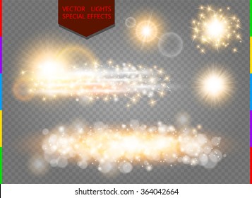  Glow golden light spark set on transparent background. Blur vector sparkles design collection. Explosive flash, sun, flare and shiny cloud.