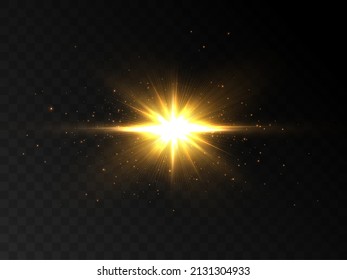 Glow of golden sparks of light on a transparent background. Blurred glitter vector collection. Explosive flare, sun, flare and bright detonation vector light effect.
