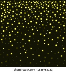 Glow gradient gold glitter confetti. Fallen circle background. Bright explosion for invitation card. Anniversary, birthday, celebration template. Bright glitter illustration vector