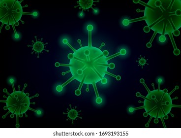 Glow green pathogen virus symbol isolated on dark background.Covid 19.Coronavirus.Pandemic disease.Wuhan china.Respiratory infection disease.Medical healthcare concept.Vector.Illustration.