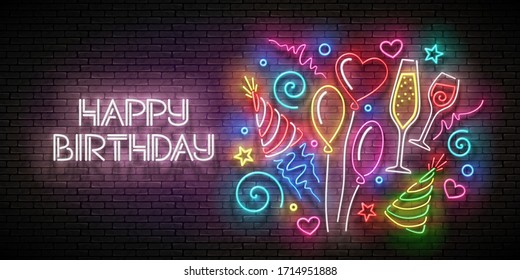 Glow Greeting Card with  Balloons, Champagne, Confetti and Happy Birthday Inscription. Neon Lettering. Poster, Banner, Invitation. Seamless Brick Wall. Vector 3d Illustration. Clipping Mask, Editable