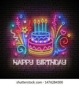 Glow Greeting Card with Cake, Candles, Confetti and Happy Birthday Inscription. Neon Lettering. Shiny Poster, Banner, Invitation. Seamless Brick Wall. Vector 3d Illustration. Clipping Mask, Editable