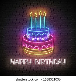 Glow Greeting Card with Cake, Candles and Happy Birthday Inscription. Neon Lettering. Shiny Poster, Banner, Invitation. Seamless Brick Wall. Vector 3d Illustration. Clipping Mask, Editable