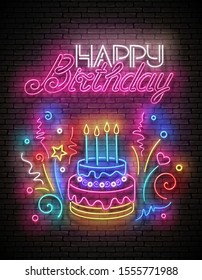 Glow Greeting Card with Cake, Candles, Confetti and Happy Birthday Inscription. Neon Lettering. Shiny Poster, Banner, Invitation. Seamless Brick Wall. Vector 3d Illustration. Clipping Mask, Editable