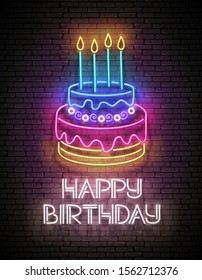 Glow Greeting Card with Cake, Candles and Happy Birthday Inscription. Neon Lettering. Shiny Poster, Banner, Invitation. Seamless Brick Wall. Vector 3d Illustration. Clipping Mask, Editable