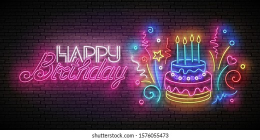 Glow Greeting Card with Cake, Candles, Confetti and Happy Birthday Inscription. Neon Lettering. Shiny Poster, Banner, Invitation. Seamless Brick Wall. Vector 3d Illustration. Clipping Mask, Editable