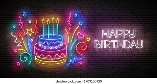 Glow Greeting Card with Cake, Candles, Confetti and Happy Birthday Inscription. Neon Lettering. Shiny Poster, Banner, Invitation. Seamless Brick Wall. Vector 3d Illustration. Clipping Mask, Editable