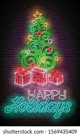 Glow Greeting Card With Christmas Tree, Gifts And Inscription. Happy New Year Holiday Postcard Template. Shiny Neon Poster, Flyer, Banner. Brick Wall. Vector 3d Illustration. Clipping Mask, Editable