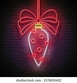 Glow Greeting Card with Christmas Tree Decorations. Happy New Year Holiday Postcard Template. Shiny Neon Light Poster, Flyer, Banner. Brick Wall. Vector 3d Illustration. Clipping Mask, Editable