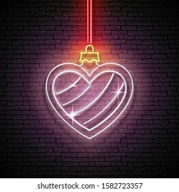 Glow Greeting Card with Christmas Tree Decorations. Happy New Year Holiday Postcard Template. Shiny Neon Light Poster, Flyer, Banner. Brick Wall. Vector 3d Illustration. Clipping Mask, Editable