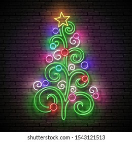 Glow Greeting Card with Decorated Christmas Tree. Happy New Year Holiday Postcard Template. Shiny Neon Light Poster, Flyer, Banner. Brick Wall. Vector 3d Illustration. Clipping Mask, Editable