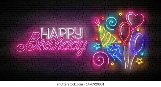 Glow Greeting Card with Different Balloons, Holiday Hat, Confetti and Happy Birthday Inscription. Neon Lettering. Poster, Banner, Invitation. Seamless Brick Wall. Vector 3d Illustration. Clipping Mask