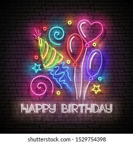 Glow Greeting Card with Different Balloons, Holiday Hat, Confetti and Happy Birthday Inscription. Neon Lettering. Poster, Banner, Invitation. Seamless Brick Wall. Vector 3d Illustration. Clipping Mask
