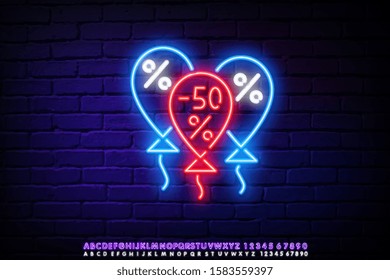 Glow Greeting Card with Different Form Balloons. Black Friday neon advertising, discounts, sales, neon bright banner sign. Glowing sign for your projects. Editing text neon sign. Neon alphabet