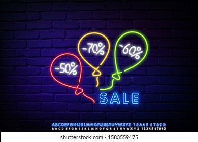 Glow Greeting Card with Different Form Balloons. Black Friday neon advertising, discounts, sales, neon bright banner sign. Glowing sign for your projects. Editing text neon sign. Neon alphabet