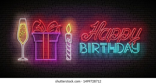 Glow Greeting Card with Gift, Champagne, Candle and Happy Birthday Inscription. Neon Lettering. Shiny Poster, Banner, Invitation. Seamless Brick Wall. Vector 3d Illustration. Clipping Mask, Editable