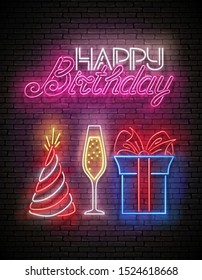 Glow Greeting Card with Gift, Champagne, Holiday Hat and Happy Birthday Inscription. Neon Lettering. Poster, Banner, Invitation. Seamless Brick Wall. Vector 3d Illustration. Clipping Mask, Editable