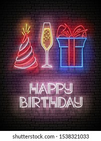 Glow Greeting Card with Gift, Champagne, Holiday Hat and Happy Birthday Inscription. Neon Lettering. Poster, Banner, Invitation. Seamless Brick Wall. Vector 3d Illustration. Clipping Mask, Editable