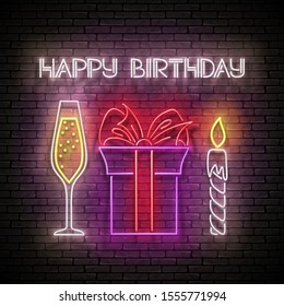 Glow Greeting Card with Gift, Champagne, Candle and Happy Birthday Inscription. Neon Lettering. Shiny Poster, Banner, Invitation. Seamless Brick Wall. Vector 3d Illustration. Clipping Mask, Editable