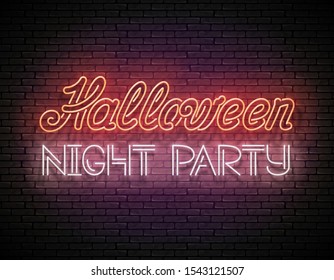 Glow Greeting Card with Halloween Night Party Inscription. Neon Light Lettering. Shiny Template Poster, Banner, Invitation. Brick Wall. Vector 3d Illustration. Clipping Mask, Editable