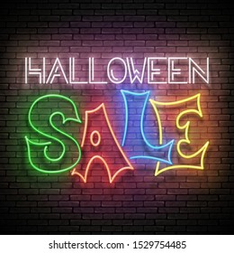 Glow Greeting Card with Halloween Sale Inscription. Neon Light Lettering. Shiny Template Poster, Banner, Invitation. Brick Wall. Vector 3d Illustration. Clipping Mask, Editable