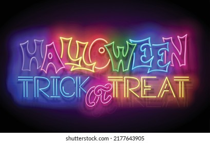 Tarjeta de saludo brillante con truco de Halloween o servicio de inscripción. Letras de luz neón. Afiche De Plantilla Brillante, Cartel, Invitación. Fondo brillante. Ilustración del vector 3d