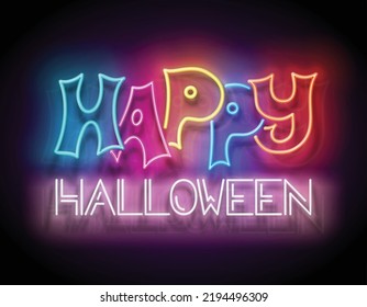 Glow Greeting Card with Happy Halloween Inscription. Neon Light Lettering. Shiny Template Poster, Banner, Invitation. Glossy Background. Vector 3d Illustration