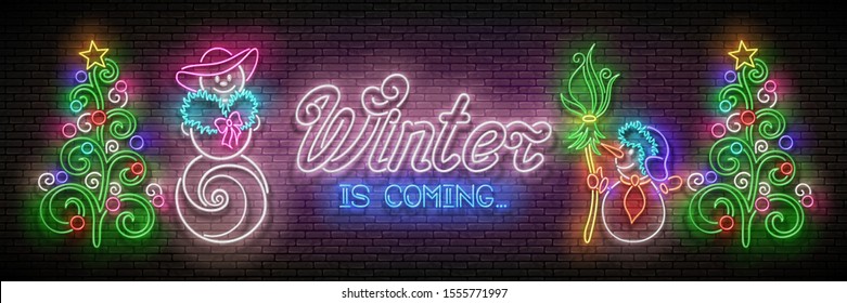 Glow Greeting Card with Snow Man and Woman in Love, Christmas Tree, Inscription. Happy New Year Template. Shiny Neon Poster, Flyer, Banner. Brick Wall. Vector 3d Illustration. Clipping Mask, Editable