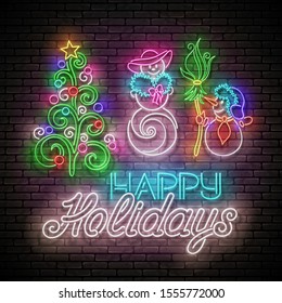 Glow Greeting Card with Snow Man and Woman in Love, Christmas Tree, Inscription. Happy New Year Template. Shiny Neon Poster, Flyer, Banner. Brick Wall. Vector 3d Illustration. Clipping Mask, Editable