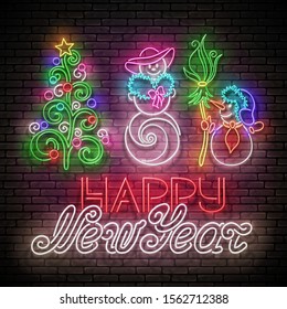 Glow Greeting Card with Snow Man and Woman in Love, Christmas Tree, Inscription. Happy New Year Template. Shiny Neon Poster, Flyer, Banner. Brick Wall. Vector 3d Illustration. Clipping Mask, Editable