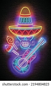 Glow Greeting Card Template with Sugar Male Skull in sombrero with guitar, Calavera. Mexican singer. Shiny Neon Poster, Flyer, Banner, Postcard, Invitation. Brick Wall. Vector 3d Illustration 