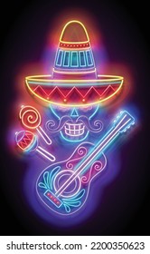 Glow Greeting Card Template with Sugar Male Skull in sombrero with guitar, Calavera. Mexican singer. Shiny Neon Poster, Flyer, Banner, Postcard, Invitation. Glossy Background. Vector 3d Illustration 