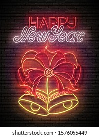 Glow Greeting Card with Two Christmas Bells, Bow and Inscription. Happy New Year Postcard Template. Shiny Neon Light Poster, Flyer, Banner. Brick Wall. Vector 3d llustration. Clipping Mask, Editable