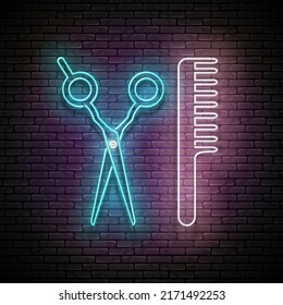 Glow Hairdressing Scissors And Hairbrush, Professional Hairstyling Tool. Barbershop, Hairdresser Salon Template. Shiny Neon Light Poster, Flyer, Banner. Glossy Background. Vector 3d Illustration