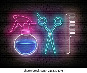 Glow Hairdressing Scissors, Hairbrush and Sprayer, Professional Hairstyling Tool. Barbershop, Hairdresser Salon Template. Shiny Neon Light Poster, Flyer, Banner. Brick Wall. Vector 3d Illustration